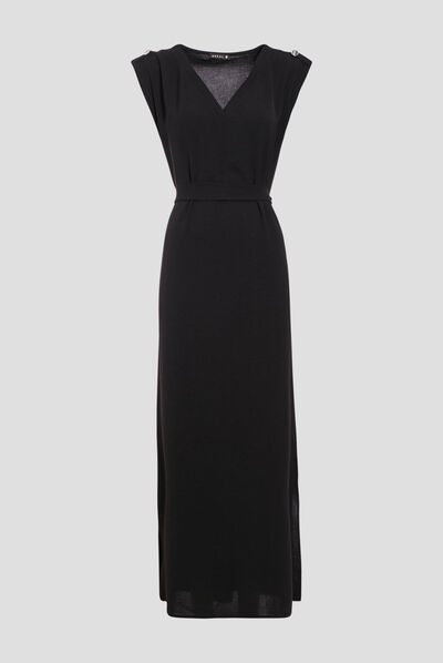 Robe longue droite ceinturée noir femme