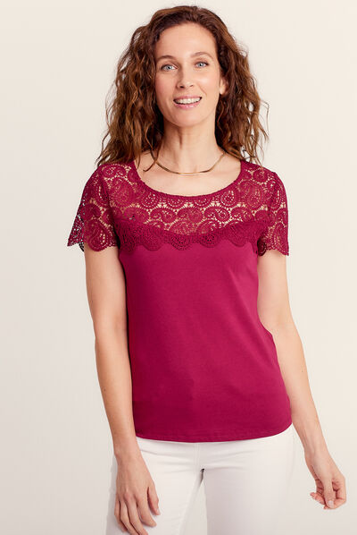T-shirt manches courtes rouge foncé femme