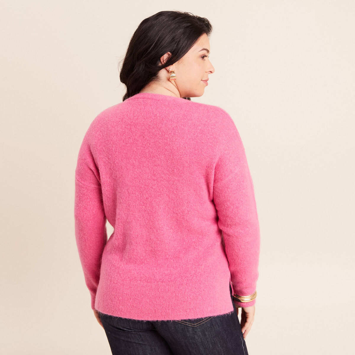 Pull col v manches longues rose fushia femme