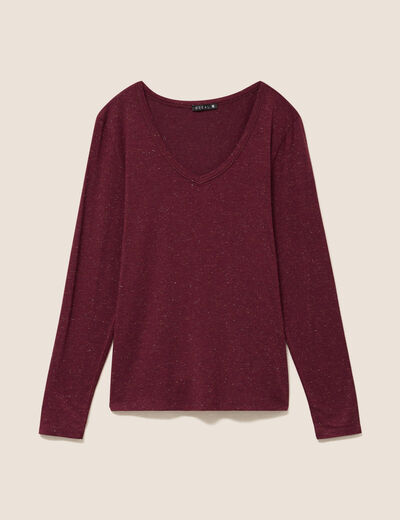 T-shirt ajust&eacute; col v manches longues bordeaux femme