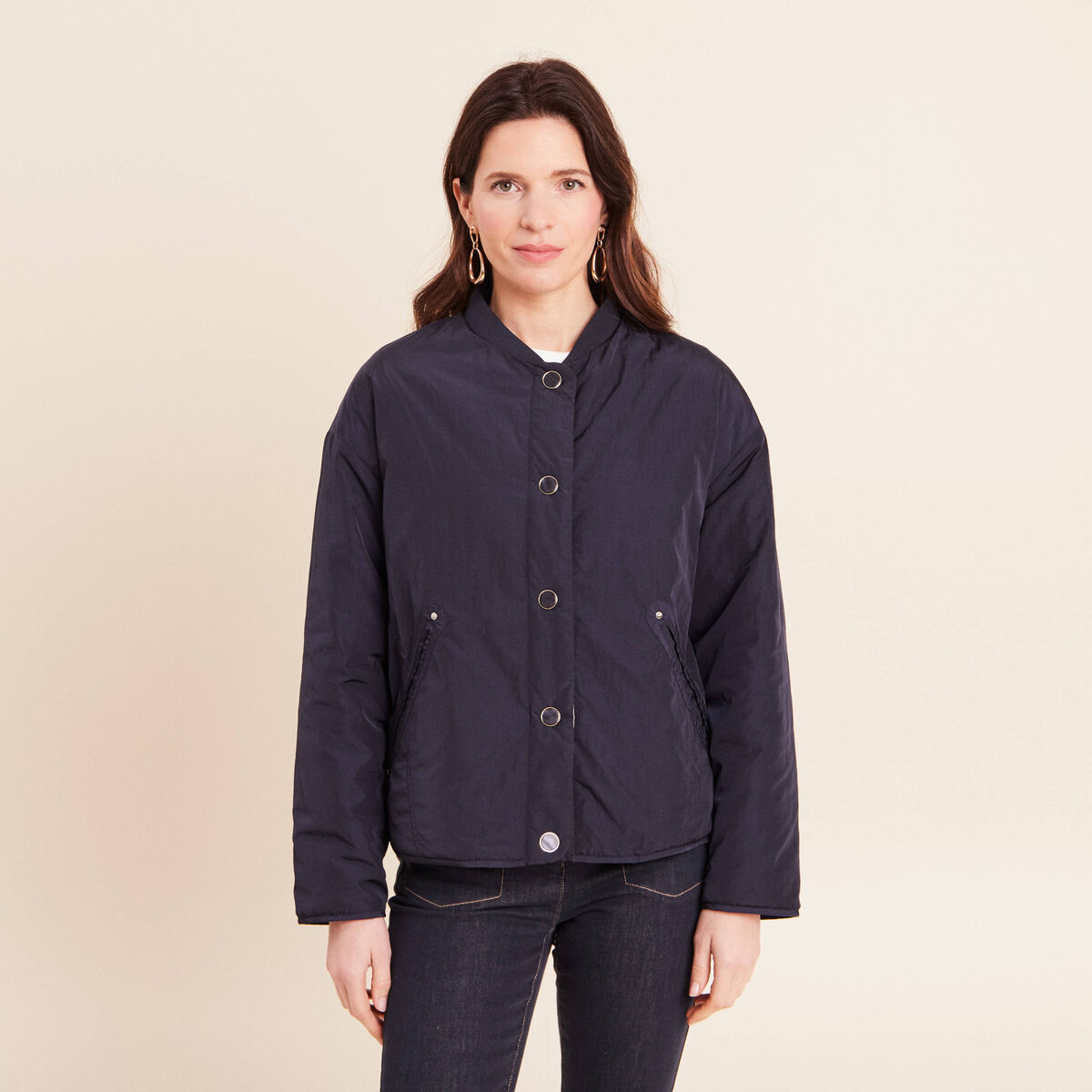 Doudoune r&eacute;versible droite et courte bleu fonc&eacute; femme