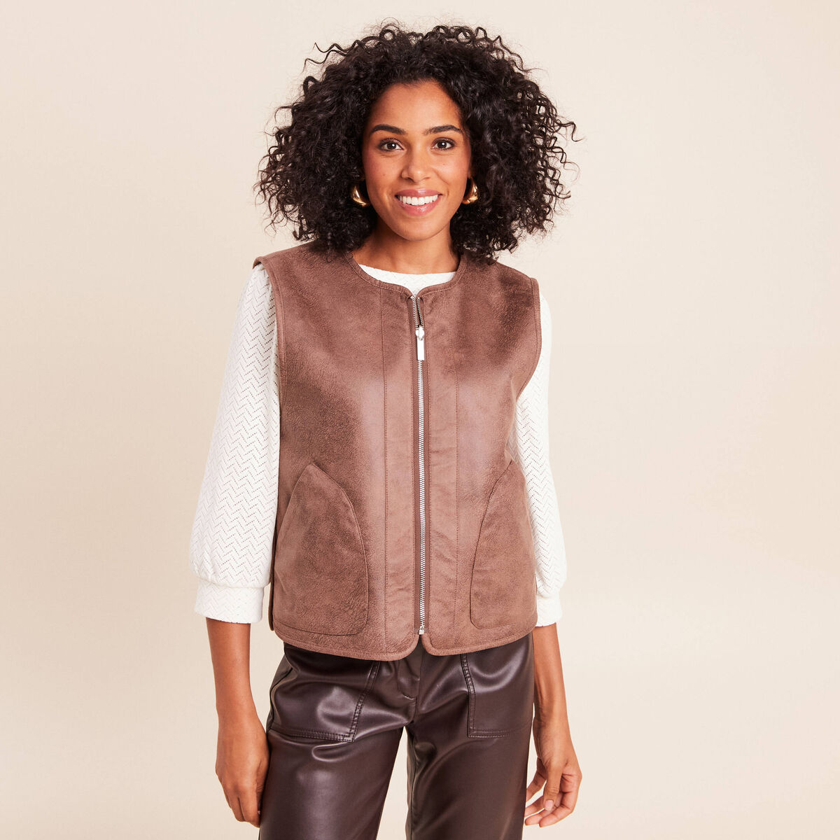 Veste sans manches sans col marron fonc&eacute; marron femme