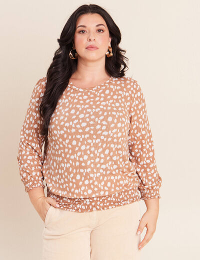 T-shirt col rond manches 3/4 marron femme