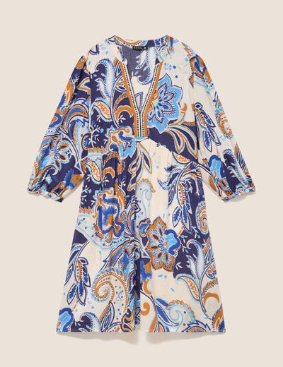 Robe courte &eacute;vas&eacute;e col v manches 3/4 bleu femme