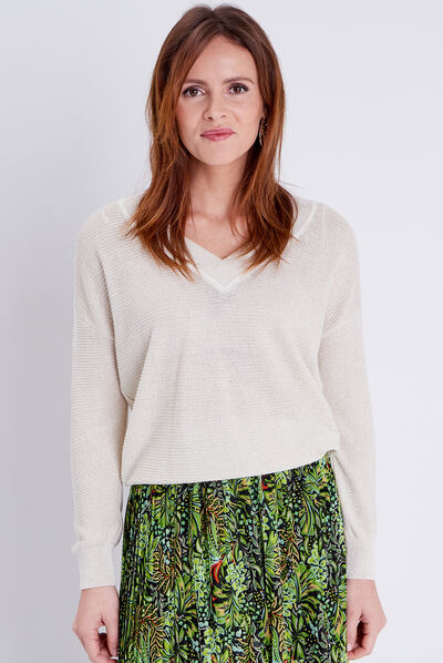 Pull col en V couleur or femme