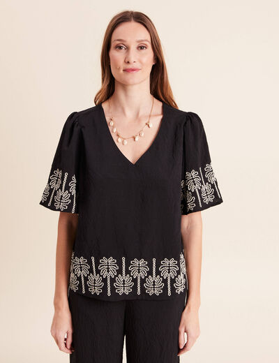 Blouse droite courte manches coudes noir femme
