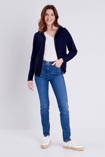 Gilet manches longues à capuche bleu marine femme