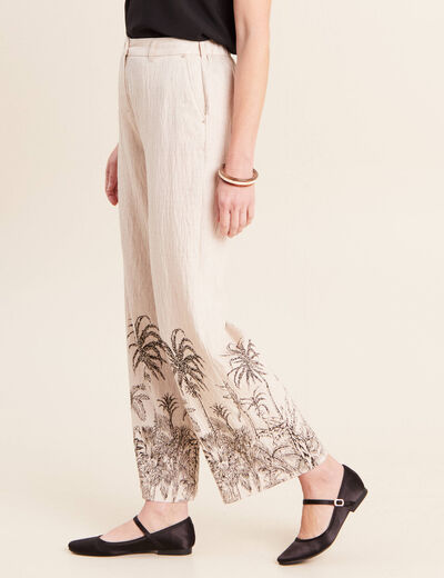 Pantalon large taille haute beige femme