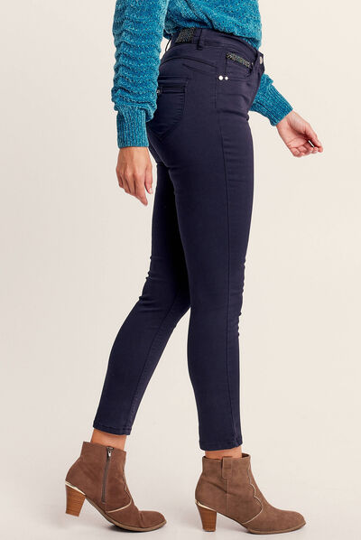 Pantalon ajusté détails bijoux bleu foncé femme