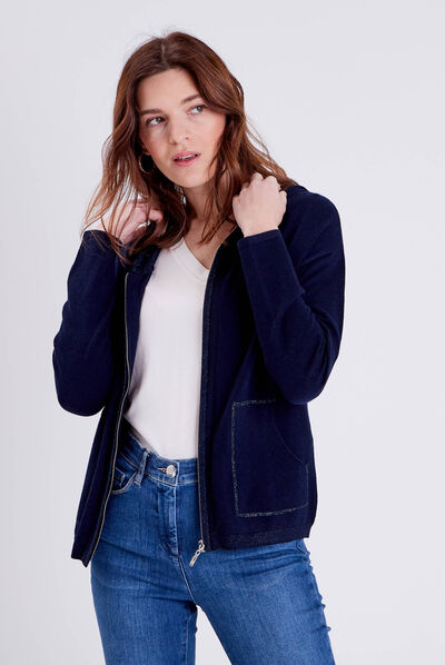 Gilet manches longues à capuche bleu marine femme