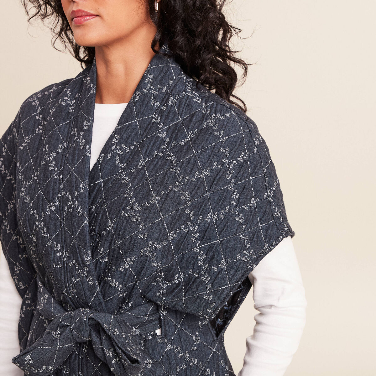 Kimono ceintur&eacute; denim stone femme