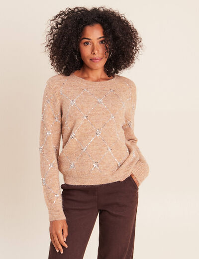 Pull col rond &agrave; sequins marron clair femme