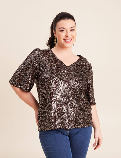 T-shirt &agrave; sequins manches coudes marron fonc&eacute; femme