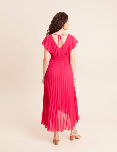 Robe longue &eacute;vas&eacute;e &agrave; volants rose fushia femme