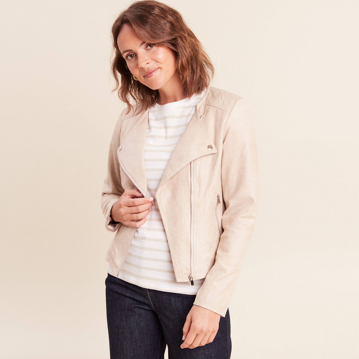 Veste droite zipp&eacute;e beige femme