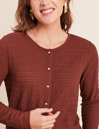 T-shirt manches longues aspect dentelle marron femme