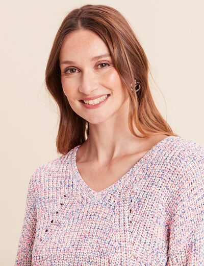 Pull droit long col v manches longues rose fushia femme