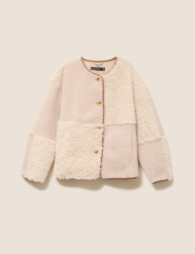 Manteau manches longues fausse fourrure ecru femme