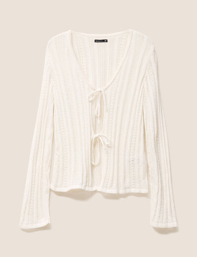 Gilet mi-long manches longues ecru femme