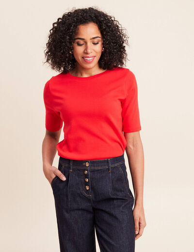 T-shirt ajust&eacute; col rond manches coudes rouge fluo femme