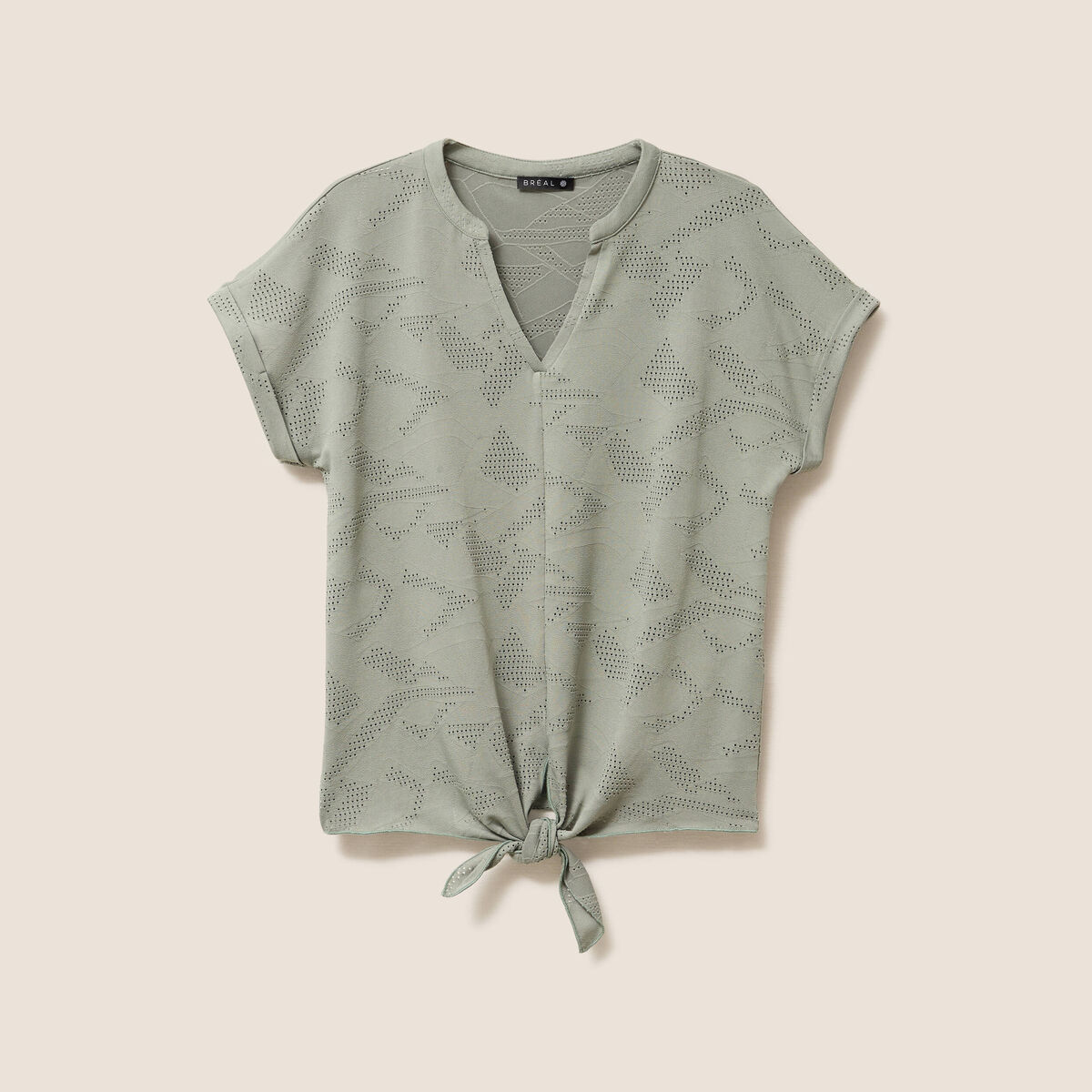 T-shirt col tunisien manches courtes vert clair femme