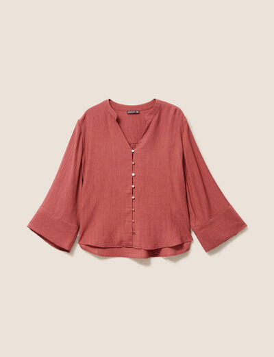 Blouse col v manches 3/4 fluide marron cognac femme