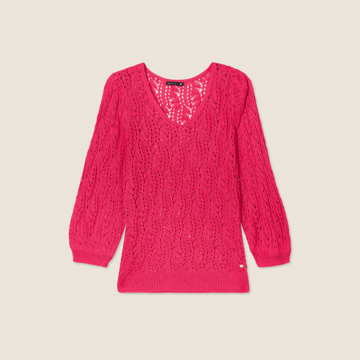 Pull manches 3/4 ajouré rose fushia femme