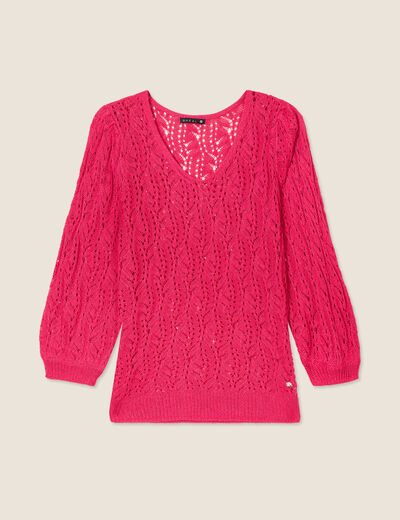 Pull manches 3/4 ajouré rose fushia femme