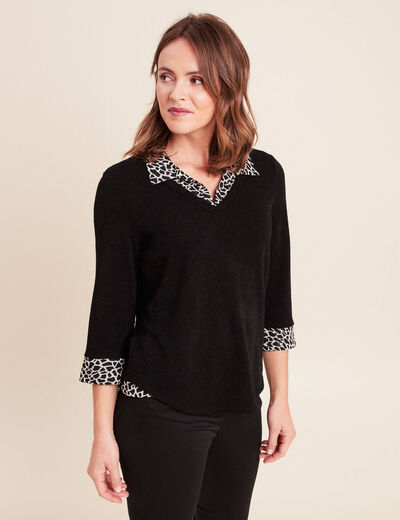 T-shirt col chemise manches 3/4 noir femme