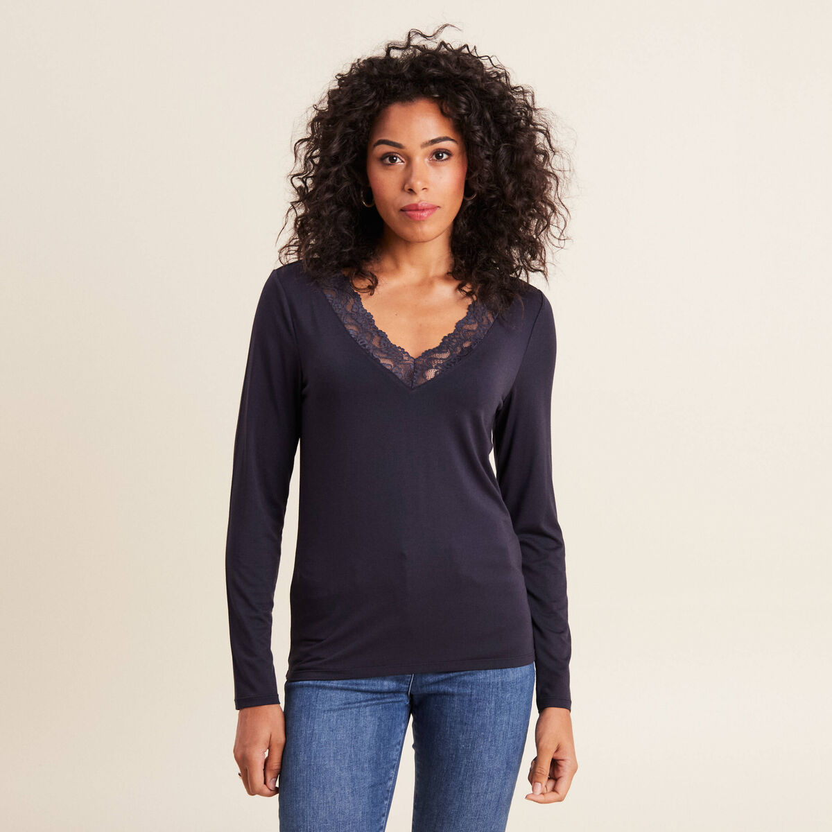 T-shirt thermo-douceur manches longues bleu foncé femme