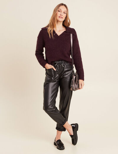 Pull manches longues col polo bordeaux femme