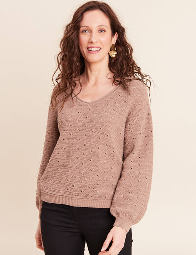 Pull droit long col v manches longues sable femme