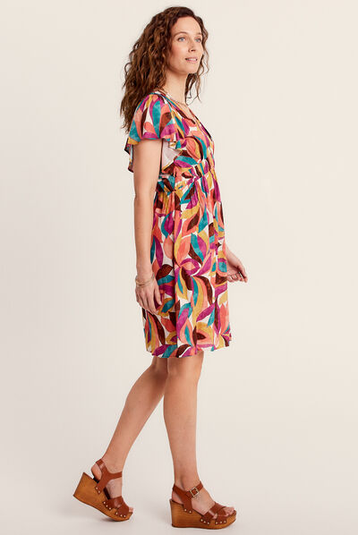 Robe évasée détail smocké beige femme