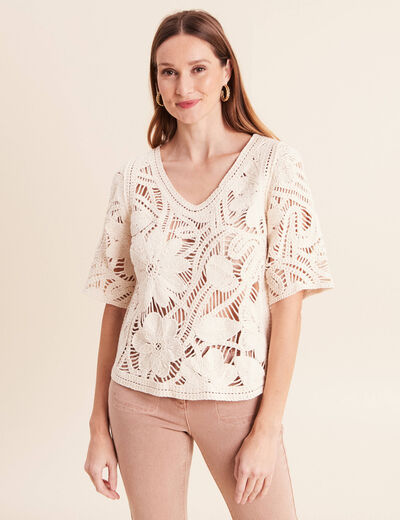 Pull col v manches courtes dentelle ecru femme