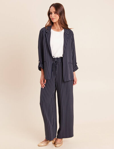 Veste droite longue manches 3/4 doubl&eacute;e bleu fonc&eacute; femme