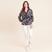 Blouse col tunisien manches 3/4 bleu femme
