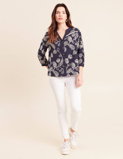 Blouse col tunisien manches 3/4 bleu femme
