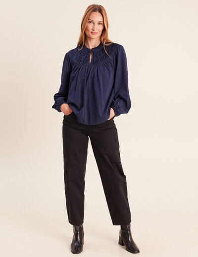 Blouse col tunisien manches longues bleu marine femme