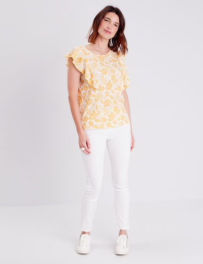 T-shirt manches courtes ajouré jaune moutarde femme