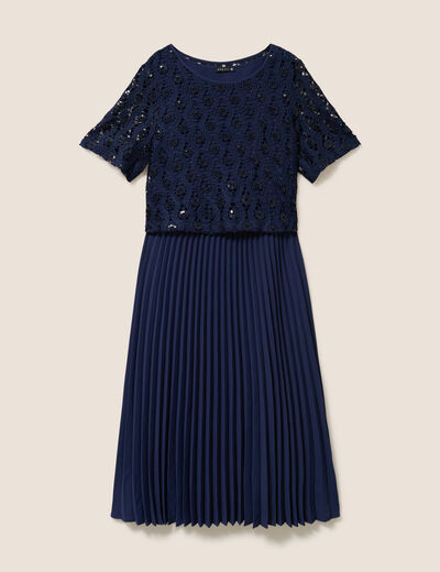 Robe 2 en 1 pliss&eacute;e col rond bleu marine femme