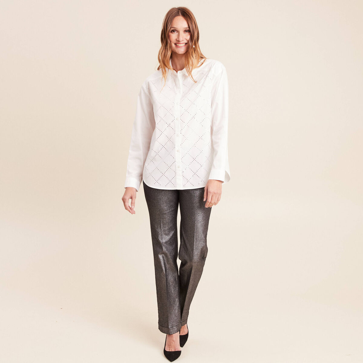 Chemise manches longues en coton strass blanc femme