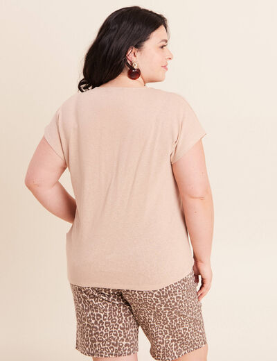 T-shirt col v manches courtes aspect lin sable femme