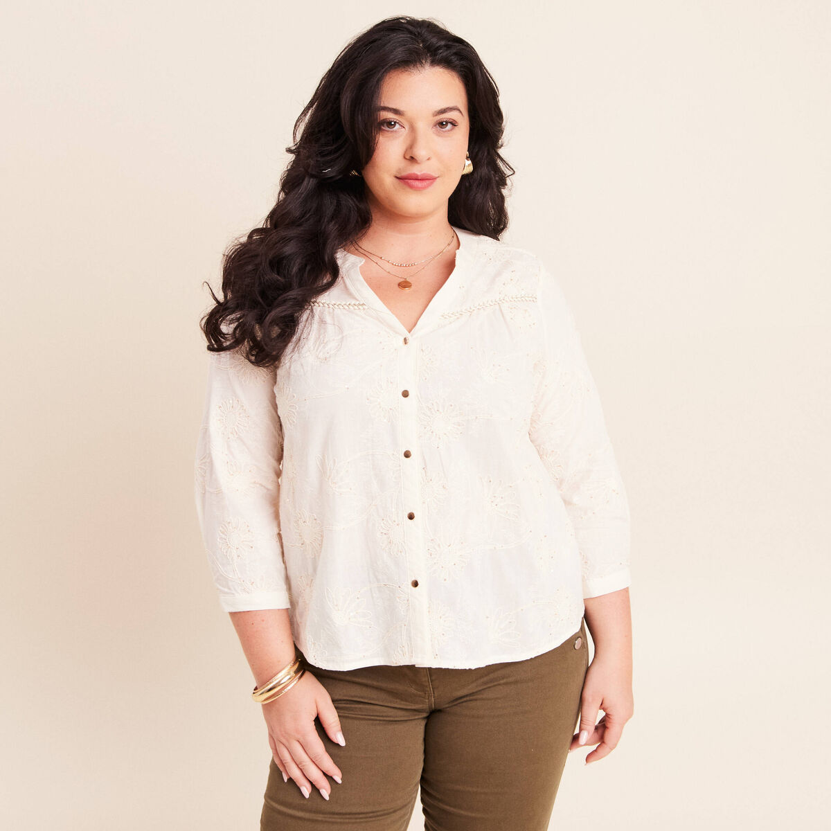 Blouse col tunisien manches 3/4 ecru femme