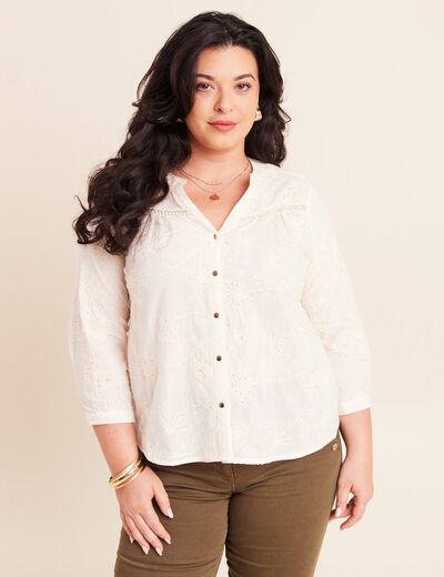 Blouse col tunisien manches 3/4 ecru femme