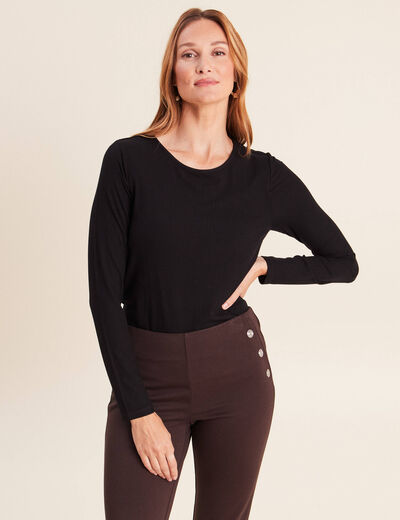 T-shirt ajust&eacute; col rond manches longues noir femme