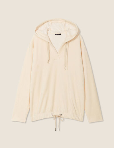 Sweat velours à capuche ivoire femme