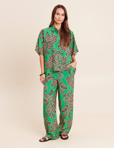 Pantalon large taille haute vert femme