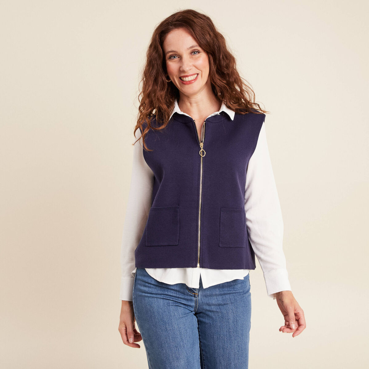 Gilet droit court sans manches bleu marine femme