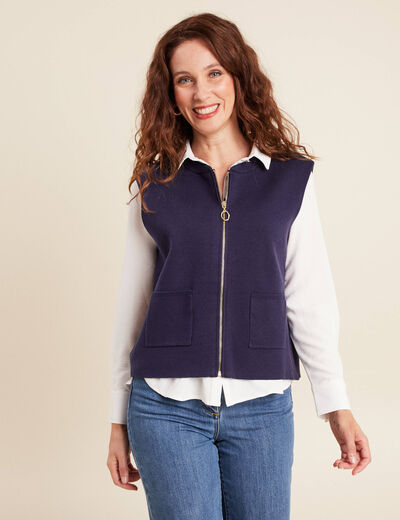 Gilet droit court sans manches bleu marine femme