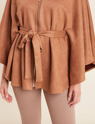 Poncho ceintur&eacute; fermeture zipp&eacute;e marron clair femme